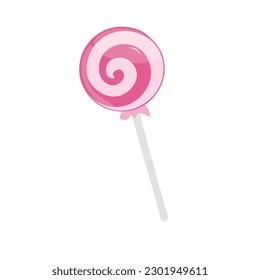 Lollipop candy vector illustration with various spiral and ray patterns. Sweet colorful lollipop candy on stick. Cartoon style. Flat vector isolated on white background. Pink candy.