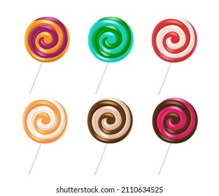 Lollipop candy vector set design. Lollipops stick kids dessert collection isolated in white background with colorful flavor candies for birthday and occasion food. Vector illustration.
