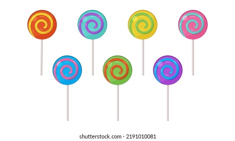 Lollipop candy vector set, spiral sucker on stick, sugar swirl icon. Cartoon sweet lollypop isolated on white background. Colorful illustration