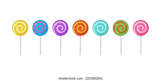 Lollipop candy vector set, spiral sucker on stick, sugar swirl lollypop. Cartoon sweet icon isolated on white background. Colorful illustration