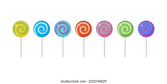 Lollipop candy vector set, spiral sucker on stick, sugar swirl icon. Cartoon sweet lollypop. Colorful illustration isolated on white background