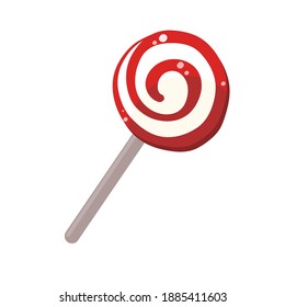 Lollipop candy with white and red spiral pattern. Vector illustration isolated on white background