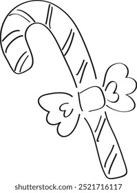 lollipop cane with bow hand drawn with brush in black on white background