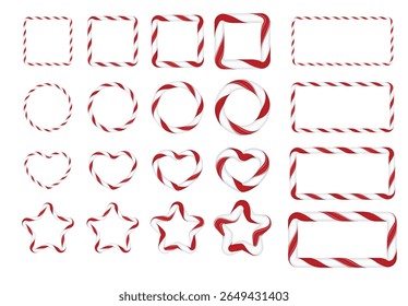 Lollipop Cane. Vector set of geometric frames in different shapes and thickness. Circle, heart, star, rectangle in red and white stripes. Holiday decoration. Cartoon style. Isolated background.