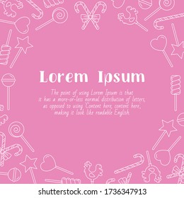 Lollipop - card with text and vector outline illustrations of sugar candy, caramel, sweet snack and other sweets for graphic design