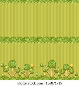 lollipop cartoon landscape (seamless pattern) with stylized trees and bushes on green striped background
