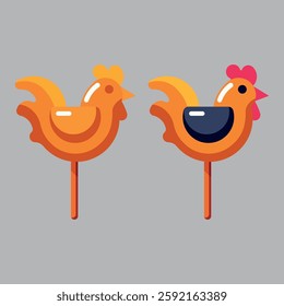 Lollipop cock on a stick in a flat style, highlighted on a gray background. Lollipop rooster for Maslenitsa or Shrovetide festival. Vector illustration