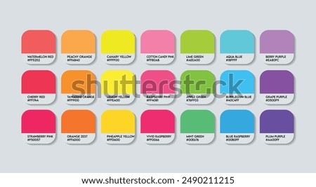 Lollipop color palette, Lollipop Color Guide Palette with Color Names. Catalog Samples of Lollipops with RGB HEX codes and Names. Sweet Colors Palette Vector, Fashion Trend Candy Color Tones Vector