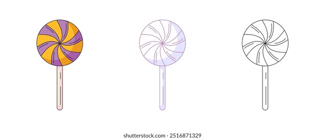 Lollipop, colorful and line icon set. Traditional halloween or christmas sweets. Vector flat icon, monochrome purple, color, outline illustration. For logo, sticker, coloring book, label, print