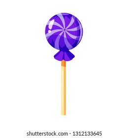 Lollipop colorful sweet. Round candies on stick in bright color packaging. Sugar sweet food dessert caramel. Vector illustration, isolated, cartoon style, icon