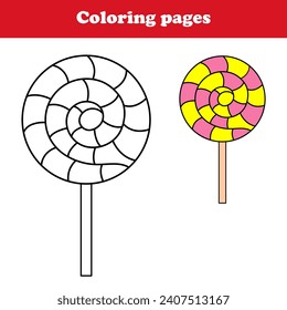 Lollipop coloring pAGE, vector flat illustration. coloring activity for kids , candy