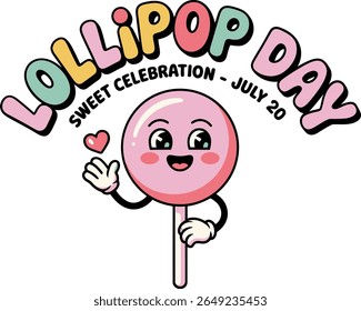 Lollipop day sticker illustration with smiling candy and cheerful arms for cute sweet celebration july 20