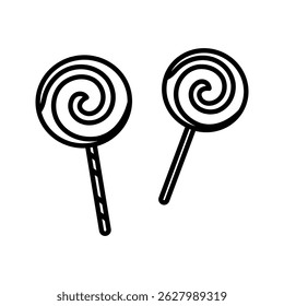 Estilo de Contorno Duo Lollipop, dois pipops de espiral em varas, divertido ícone de deleite para temas de festa e ilustrações relacionadas à sobremesa.