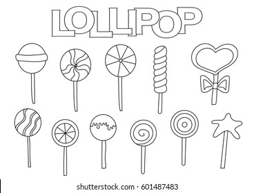 Lollipop elements hand drawn set. Coloring book template.  Outline doodle elements vector illustration. Kids game page