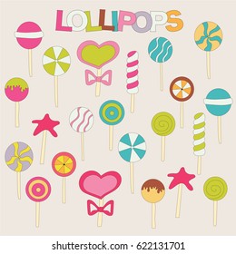 Lollipop elements stickers set. Hand drawn colorful doodle elements vector illustration.