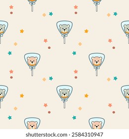 Lollipop face bear cartoon so cute. On star background. Pattern seamless vector illustration. 