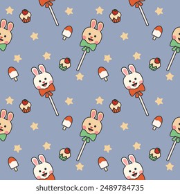 Lollipop face rabbit cartoon so cute. On cupcake ice cream star background. Pattern seamless vector illustration. 