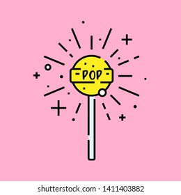 Lollipop fizz icon. Lolly flavor burst symbol. Yellow sweet fizzy sucker stick isolated on pink background. Vector illustration. 