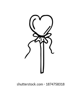 lollipop in the form of a heart on a stick tied with a bow. Doodle candy illustration can be used for textiles, postcards, seasonal design, confectionery packaging,