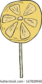Lollipop in the form of a lemon wedge. Candy in a flat design. Color vector illustration isolated on a white background. Cartoon style, doodle.