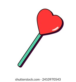 Lollipop en forma de corazón rojo. Dulces para el Día de San Valentín. Amor y romance. Estilo retro. Ilustración vectorial aislada en un fondo blanco.