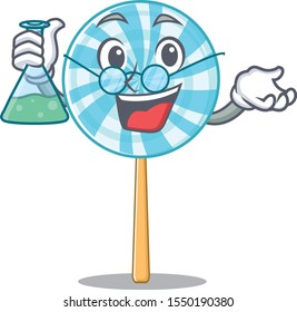 Lollipop as a funny professor cartoon character holding glass tube