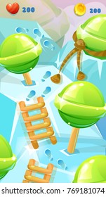 Lollipop Game Level Map. Map with green candy and ice. Vector illustration. Map for casual game. Ice background with candy.