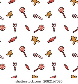lollipop, gingerbread man, candy cane, candy, sweet seamless pattern background. Perfect for winter holiday fabric, giftwrap, scrapbook, greeting cards design projects.