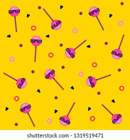 Lollipop with glasses seamless pattern. Wallpaper, textile, paper, background.