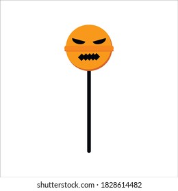lollipop in Halloween theme, orange pumpkin lollipop on black stick, flat design