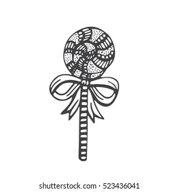 Lollipop hand drawn vector illustration. Sweet Christmas candy doodle card, romantic element for print, poster.