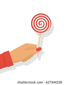 Lollipop in hand. Female hold striped candy. Vector illustration flat design. Isolated on white background. Candy on a wooden stick.