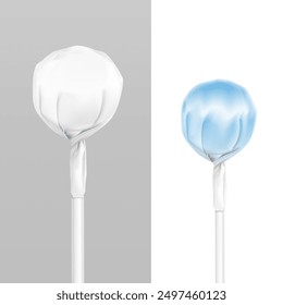 A lollipop hard candy on a stick twist wrap mockup . Vector illustration isolated on white and grey background. Ready for your design. EPS10.