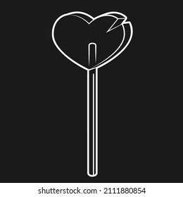 lollipop heart icon on a stick black with a white outline on a dark isolated background vector image eps