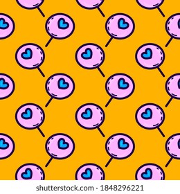 Lollipop with a heart on it, seamless pattern on yellow  background.