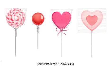 Lollipop in heart shape, spiral and round candies in transparent plastic pack isolated on white background. Vector realistic pink caramel on stick for Valentines day. Wrapped sweets in clear package