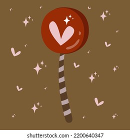 Lollipop with a heart and sparkles on a striped stick. Romantic sweet candy for the holiday. Vector illustration in simple flat style, cartoon character. Brown, pink and red colors.