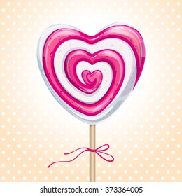 Lollipop heart tied by ribbon on dotted background. Vector illustration for Valentine's Day, wedding, Birthday and party