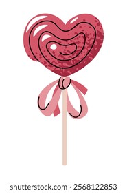 Lollipop heart in transparent package in flat cartoon style. Candy on white background. Vector illustration for Valentine's day for cards, stickers, banners, etc.