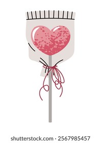 Lollipop heart in transparent packaging. Candy on white background. Vector illustration for Valentine's day in flat cartoon style.