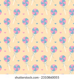 Lollipop and hearts seamless pattern on beige pastel background. Cute print. Trendy wrapping paper.