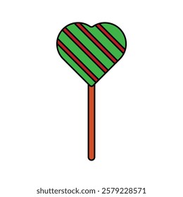 lollipop Icon. Heart lollipop with green stripes on a wooden stick.