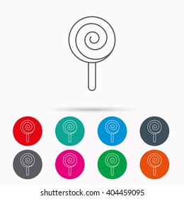 Lollipop icon. Lolly pop candy sign. Swirl sugar dessert symbol. Linear icons in circles on white background.