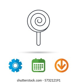 Lollipop icon. Lolly pop candy sign. Swirl sugar dessert symbol. Calendar, cogwheel and download arrow signs. Colored flat web icons. Vector