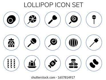 lollipop icon set. 15 filled lollipop icons. Included Gummy, Candy jar, Lollipop, Candy, Marshmallow, Jelly, Macaron icons