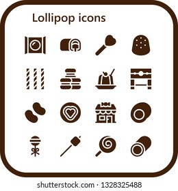 lollipop icon set. 16 filled lollipop icons.  Collection Of - Candy, Snack cake, Lollipop, Gumdrop, Macaron, Jelly, Pillory, Candy shop, Gummy, Marshmallow