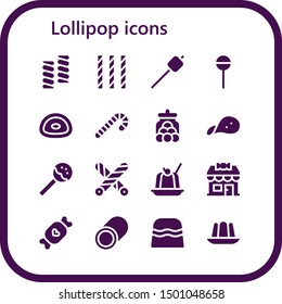 lollipop icon set. 16 filled lollipop icons.  Simple modern icons about  - Marshmallow, Candy, Lollipop, Gummy, Candy cane, Candy jar, Snack, Liquorice, Jelly, shop