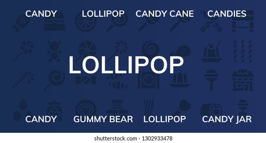  lollipop icon set. 32 filled lollipop icons. on blue background style Simple modern icons about  - Candy, Lollipop, Candy cane, Candies, Gummy bear, Candy jar, shop, Sweet