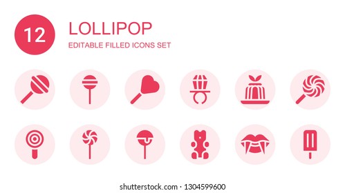 lollipop icon set. Collection of 12 filled lollipop icons included Lollipop, Ring pop, Jelly, Cake pop, Gummy bear, Vampire, Ice lolly