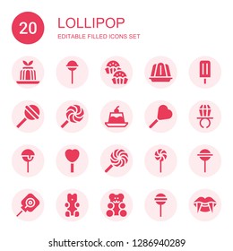 lollipop icon set. Collection of 20 filled lollipop icons included Jelly, Lollipop, Bonbon, Ice lolly, Ring pop, Cake pop, Gummy bear, Vampire